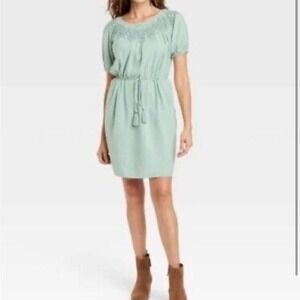 Knox Rose teal embroidered puff sleeves waist tie dress S